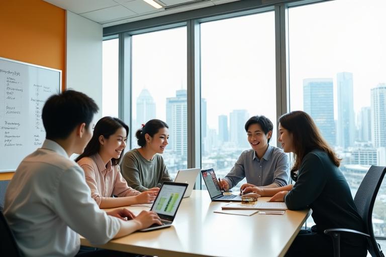 新宿区の明るく開放的なオフィス空間で、数名のチームメンバーが笑顔でコラボレーションしている様子。日本のミニマリスト美学とモダンなテクノロジーが融合したデザイン。