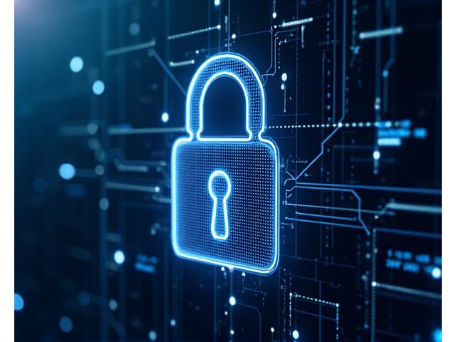 強固なサイバーセキュリティを表す、デジタルロックのイラスト