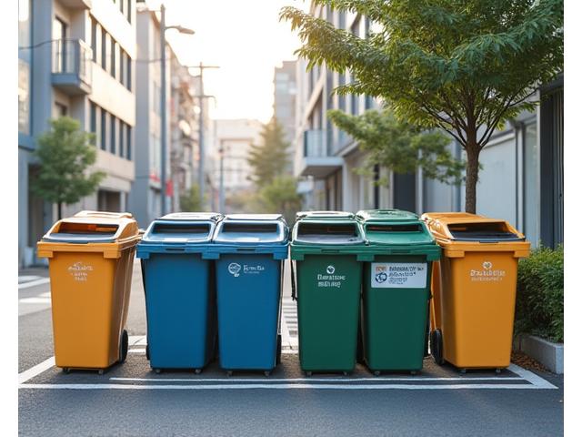 東京の街角でのごみ分別、リサイクルボックス