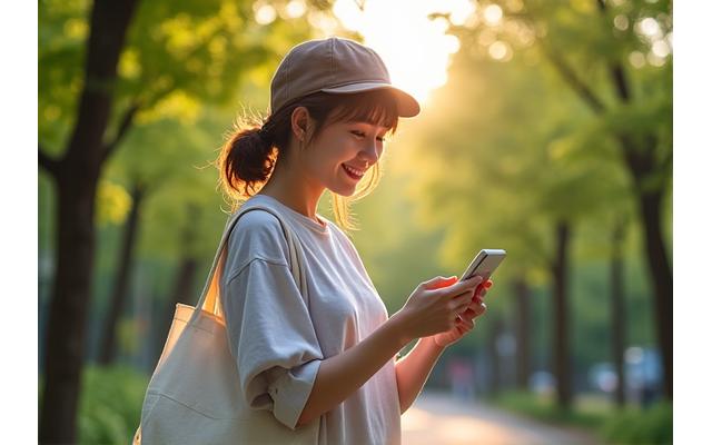 公園でエコバッグを持ち、スマートフォンで情報収集する若者